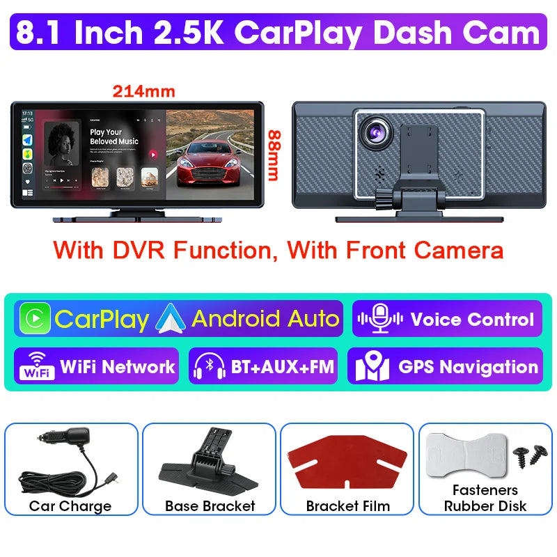 Vtopek 8.1 Inch 2.5K Dash Cam Wireless Carplay Android Auto Car DVR WiFi GPS Navigation Rearview Camera Dashboard Video Recorder