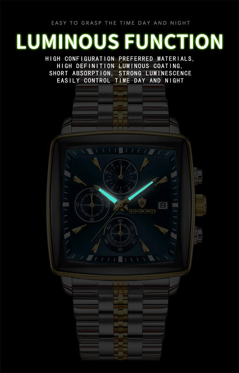 BINBOND Luxury Square Sport Man Wristwatch Waterproof Luminous Chronograph Quartz Men's Watches Stainless Steel Men Watch Reloj