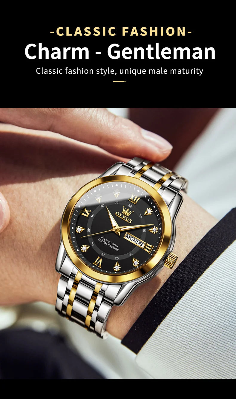 OLEVS Quartz Watch for Men Luxury Diamonds Gold Watch Waterproof Luminous Stainless Steel Business Men's Quartz Watch Mens Watch