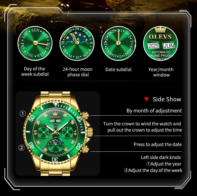 OLEVS 6729 Automatic Watch Man 24 Hour Moon Phase Mechanical Watch For Men Luxury 30M Waterproof Luminous Date Men's Wristwatch