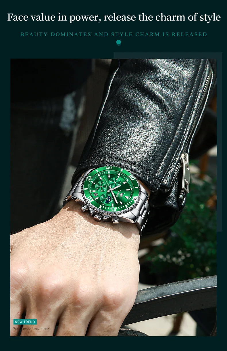 OLEVS Men's Watches Top Brand Luxury Watch for Men Original Waterproof Stainless Steel Chronograph Moon Phase Date Rota Dial