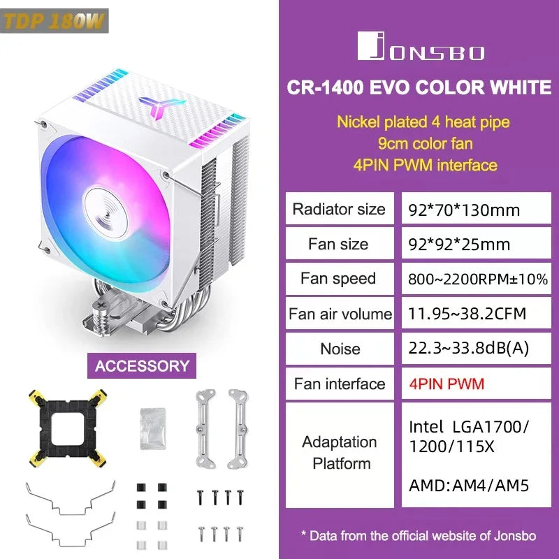 JONSBO-PWM Ventilador CPU, 4 Heat Pipe, CPU Cooler, Refrigerador de ar para Intel LGA1700, 1200, 115X, AMD, AM4, AM5,CR-1400 EVO