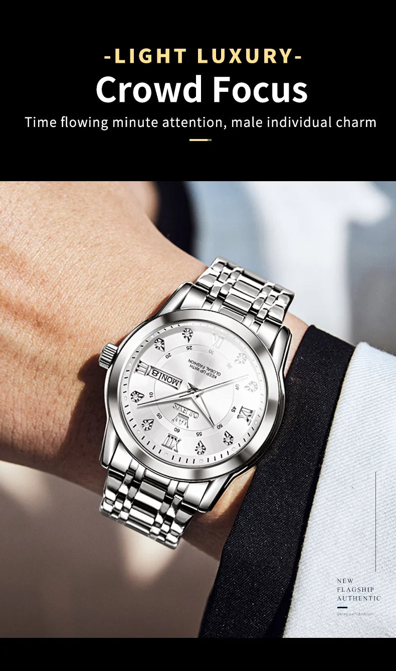 OLEVS Quartz Watch for Men Luxury Diamonds Gold Watch Waterproof Luminous Stainless Steel Business Men's Quartz Watch Mens Watch