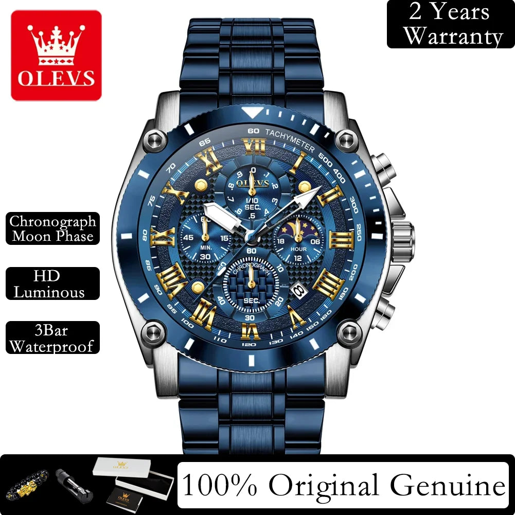 OLEVS New Man Watch Moon Phase Chronograph Waterproof Luminous Multi-functional Original Luxury Brand Quartz Men's Watches 3689