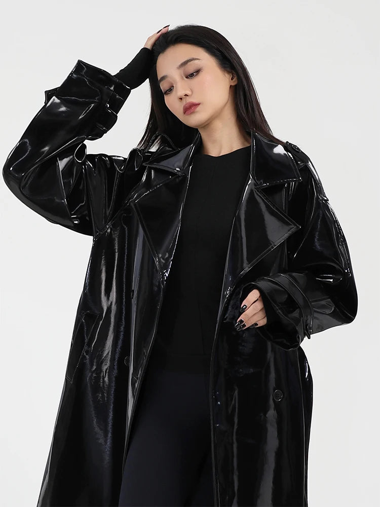 Lautaro Spring Autumn Long Shiny Reflective Patent Leather Trench Coat for Women Sashes Luxury Designer Runway European Fashion