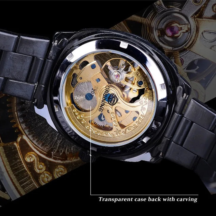 Forsining Square Gold Skeleton Automatic Men Watch Engraved Movement Luminous Hands Mechanical Watches Luxury Stainless Steel