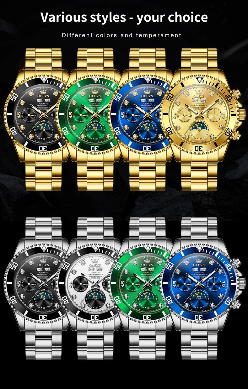 OLEVS 6729 Automatic Watch Man 24 Hour Moon Phase Mechanical Watch For Men Luxury 30M Waterproof Luminous Date Men's Wristwatch