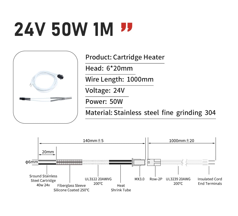 Trianglelab 3D Printer 6*20MM 12V/24V 40W Heater Cartridge With 100CM cable For 3D Printer for PT100 HOTEND Volcano MK8 MK9