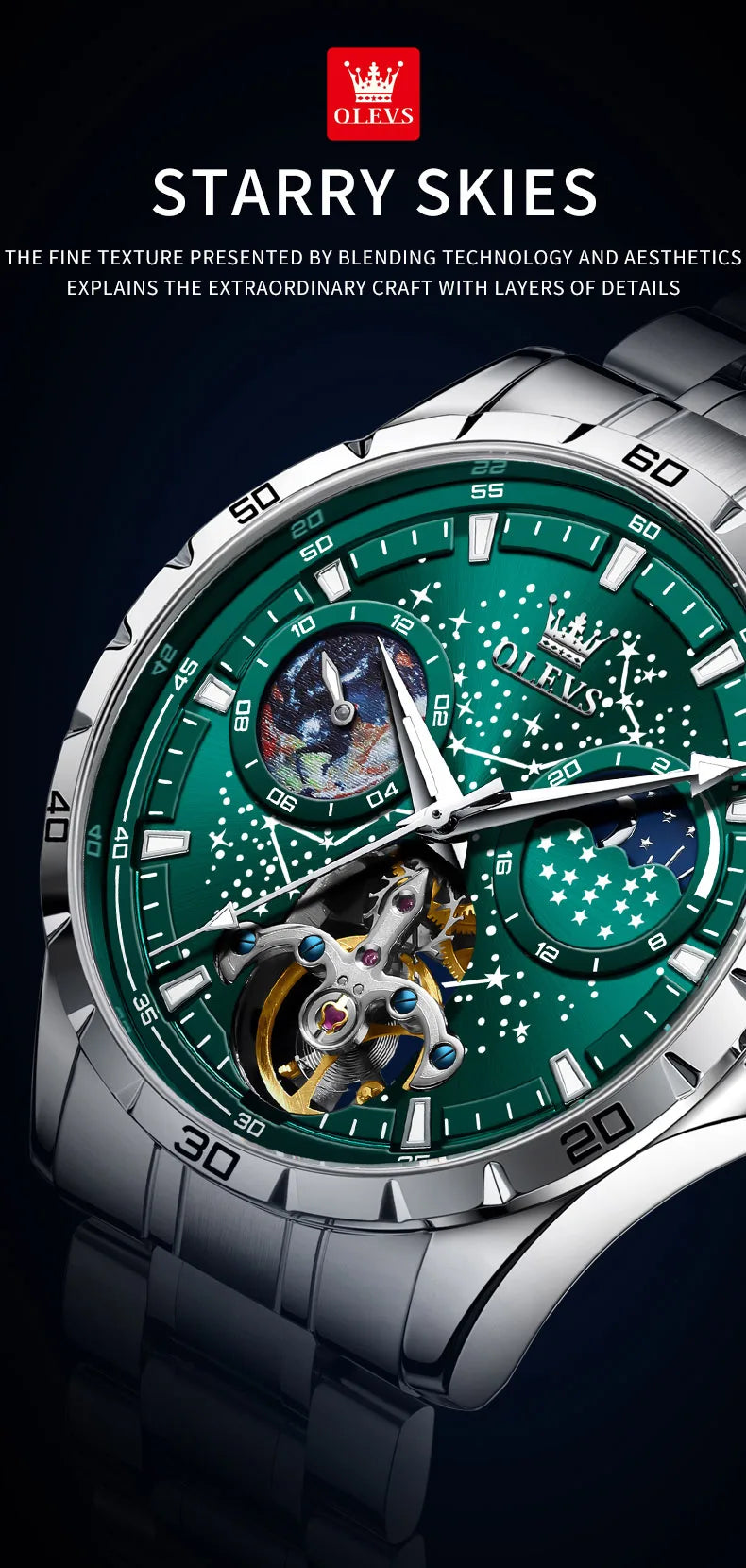 OLEVS Flywheel Skeleton Automatic Watch for Men Luminous Starry Sky Waterproof Business Wristwatch Mechanical Watch