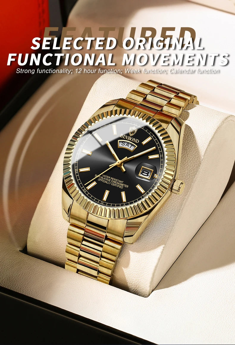 BINBOND Brand Mens Business Sports Quartz Watch Classic Waterproof Luminous Calendar Creative Clock Male Personalized Wristwatch