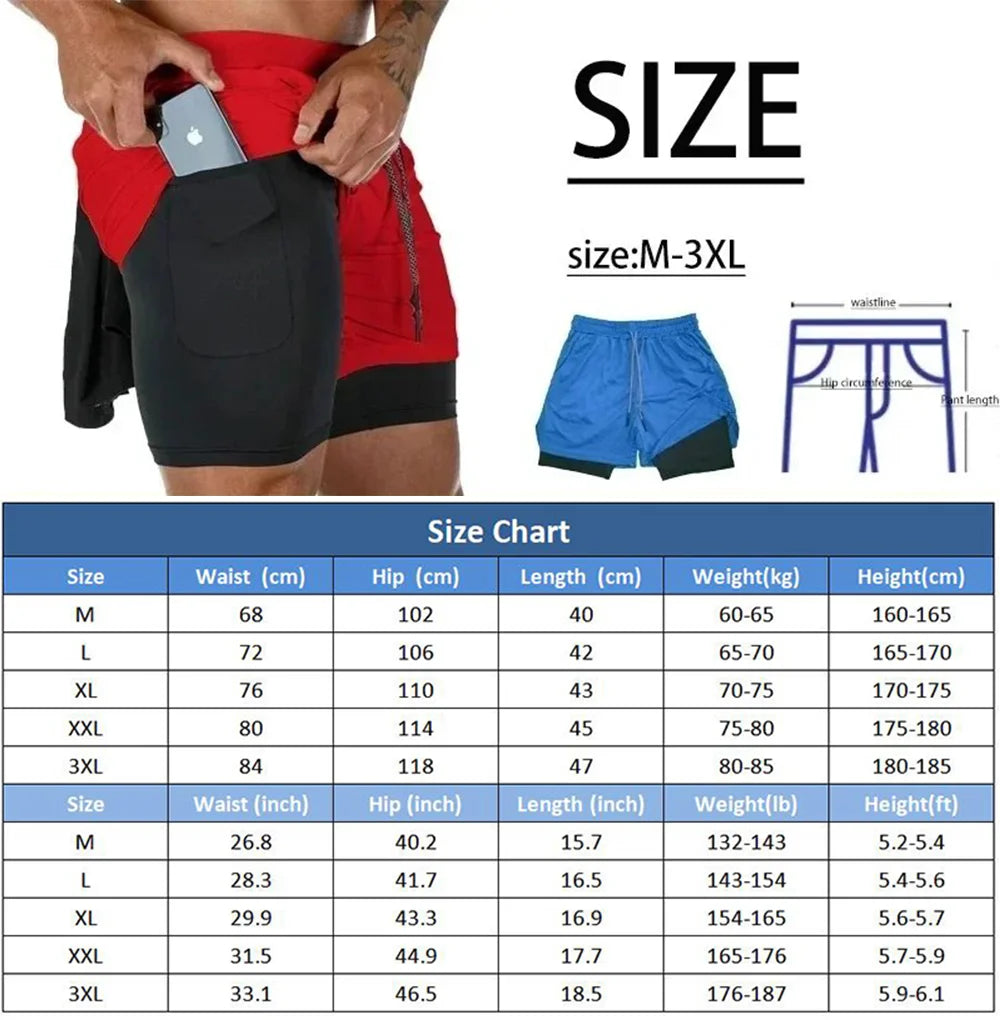 Men's Two-in-one Sports Shorts Breathable Casual Quick-drying Double-layer Shorts Summer Running Sportswear Bottoms M-3XL