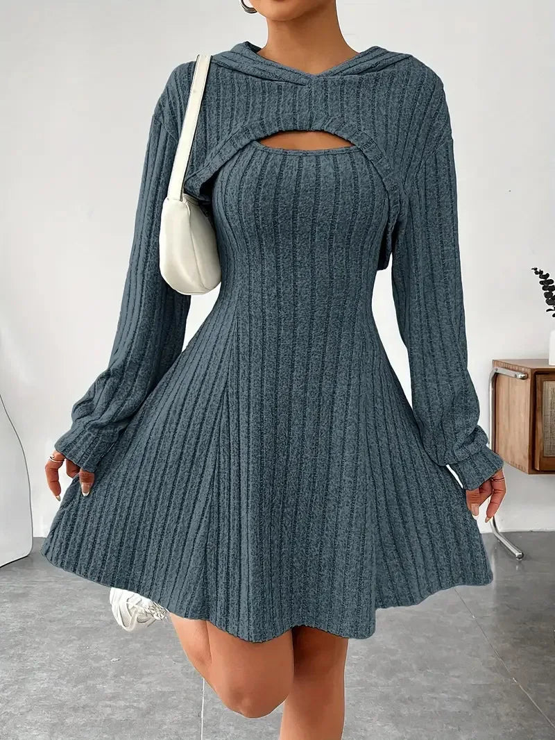 Woman Clothing Set Long Sleeved Hooded Top And Sleeveless Square Neck A-line Vest Dress