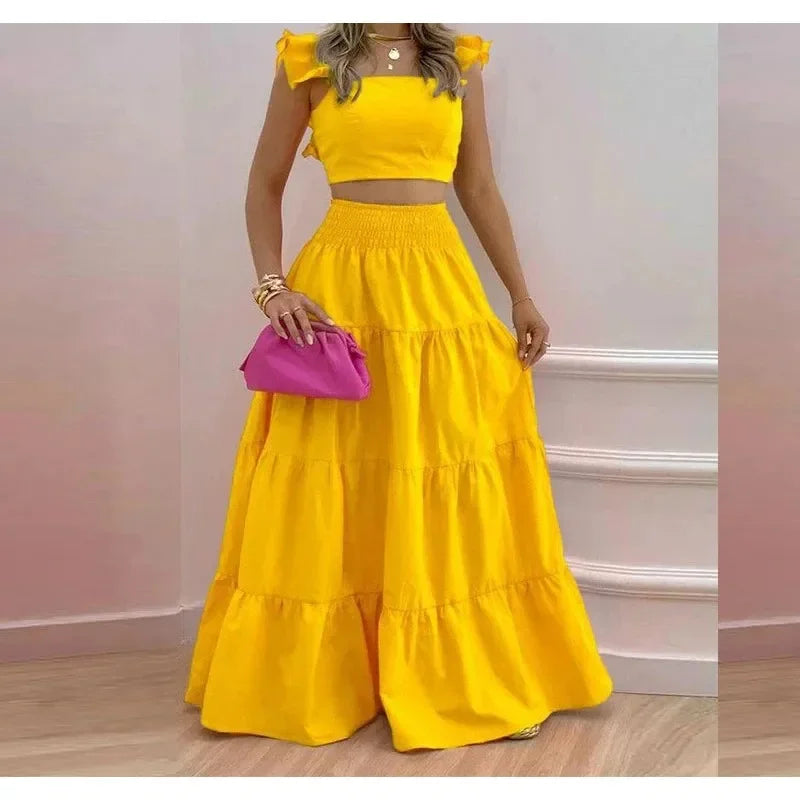 Skirt Sets Womans Clothing Streetwear New Spring/Summer Elegant Sexy Collage Sleeveless Top and Longuette Suits for Female