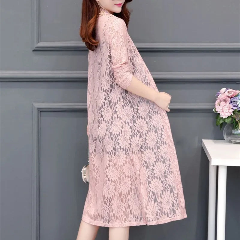 Women Lace Cardigan Mid-length Summer Mesh Shawl Loose Over-the-knee Sun Protection Clothing Women Jacket Shirt Outerwear