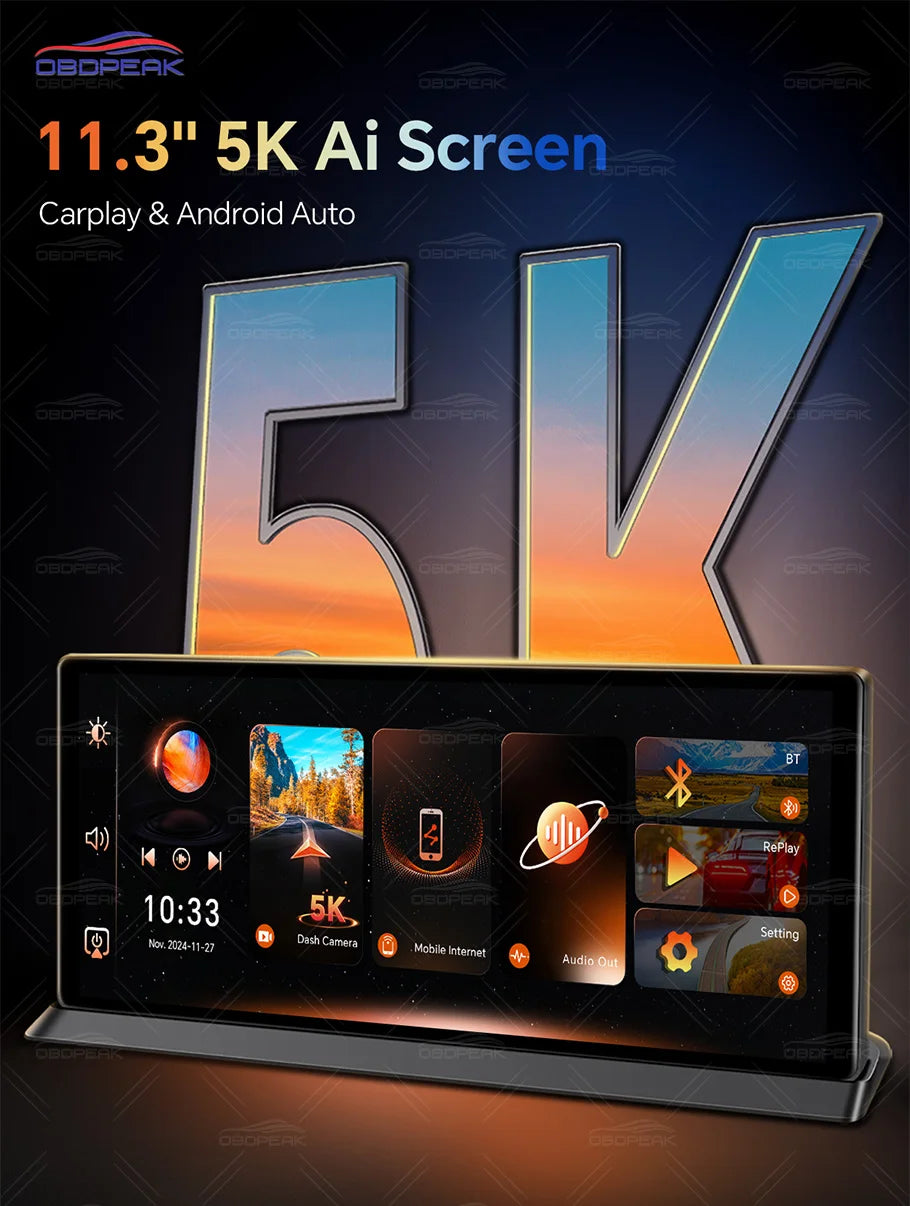 OBDPEAK K8 Pro Front 5K Rear 1080P Dash Cam Camera 11.3" Touch Ai Screen Carplay & Android Auto GPS Navigation Night Vision DVR