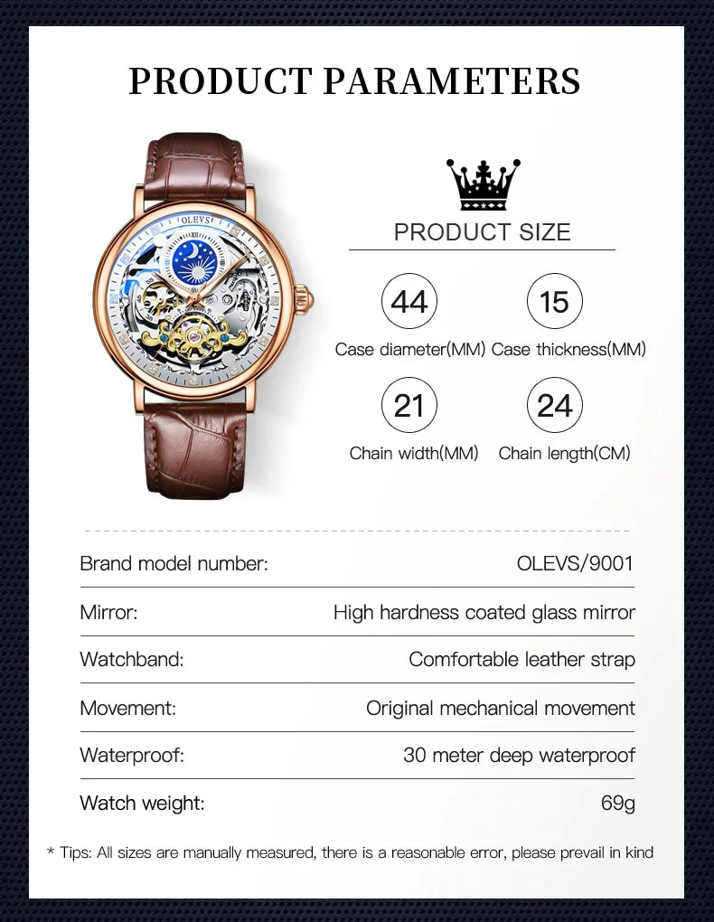 OLEVS Moon Phase Mechanical Watch Men with Waterproof Automatic Skeleton Mens Watches Top Brand Luxury Tourbillon Wristwatch Men