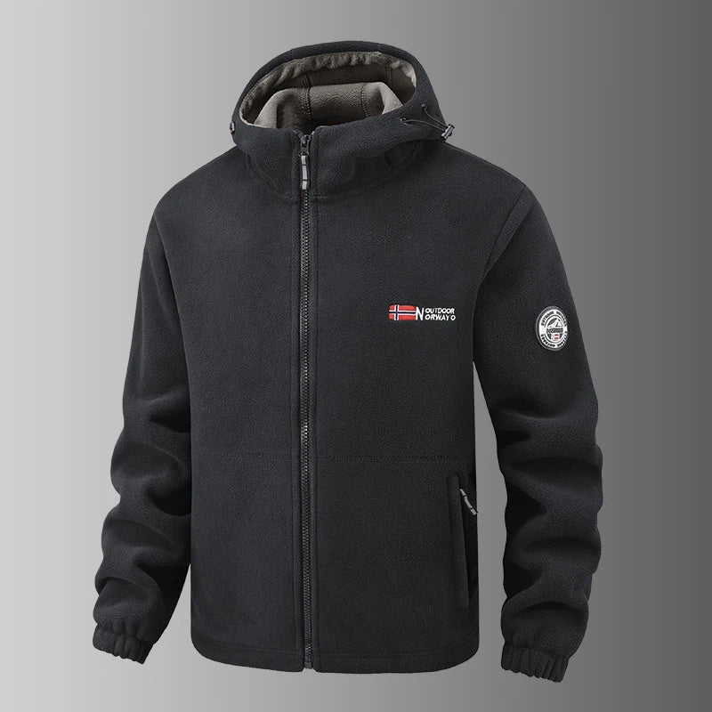 2025 Fleece Men's Coat Thickened Warm Windproof Loose Outdoor Collar Fleece Hooded Jacket Norwegian Printed Good Soldier