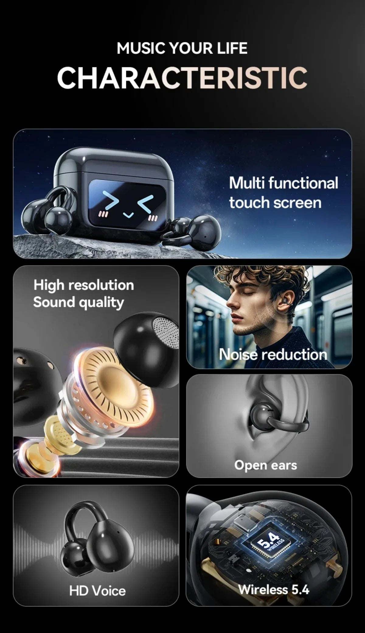 Wireless Ear Clip Earphones with Touch Screen 144 Languages AI Real Time Translation Headphones Smart Bluetooth Earbuds Device