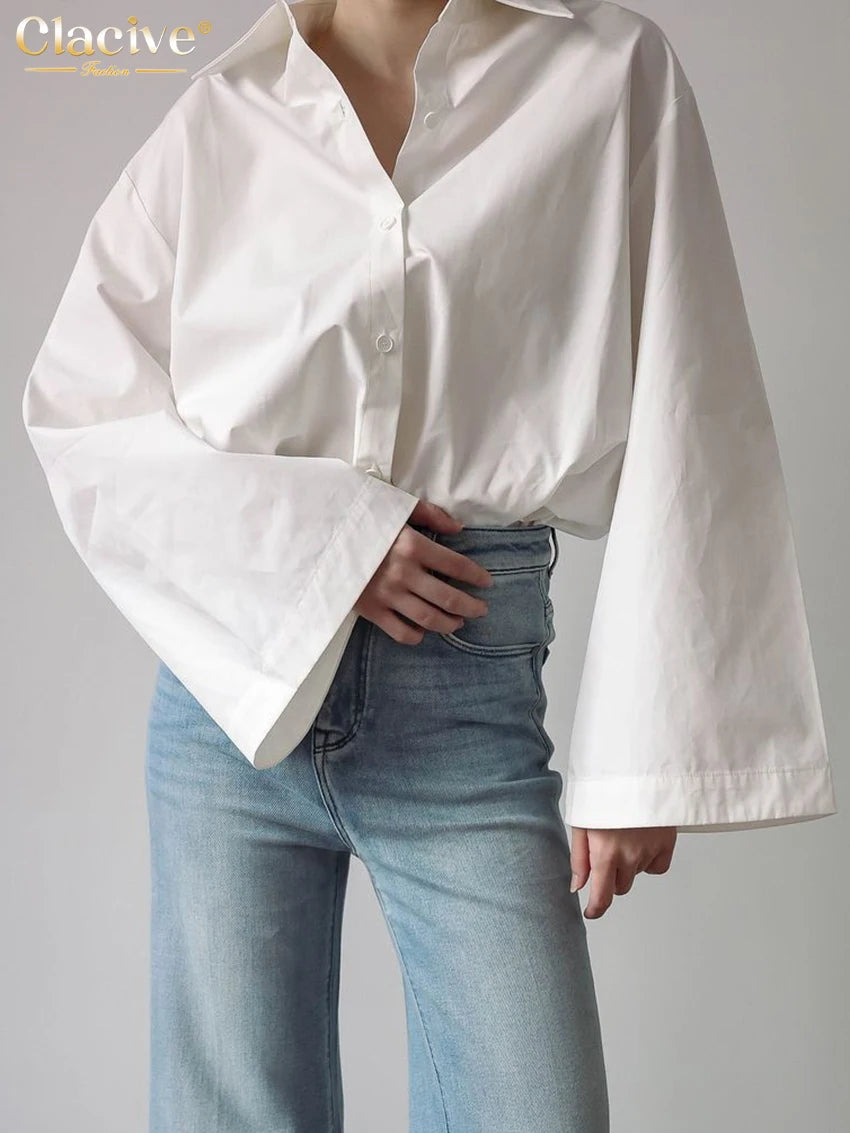 Clacive Fashion Loose White Cotton Women's Blouse 2025 Casual Lapel Long Sleeve Shirt Elegant Classic Solid Top Female Clothing
