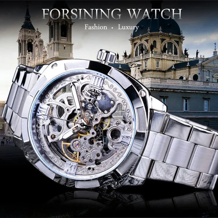 Forsining Square Gold Skeleton Automatic Men Watch Engraved Movement Luminous Hands Mechanical Watches Luxury Stainless Steel