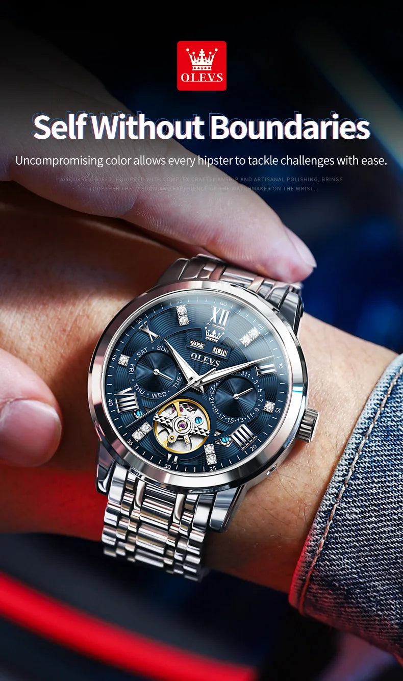 OLEVS Men's Watches Skeketon Flywheel Automatic Mechanical Original Wristwatch for Man Waterproof Luminous Perpetual Calendar