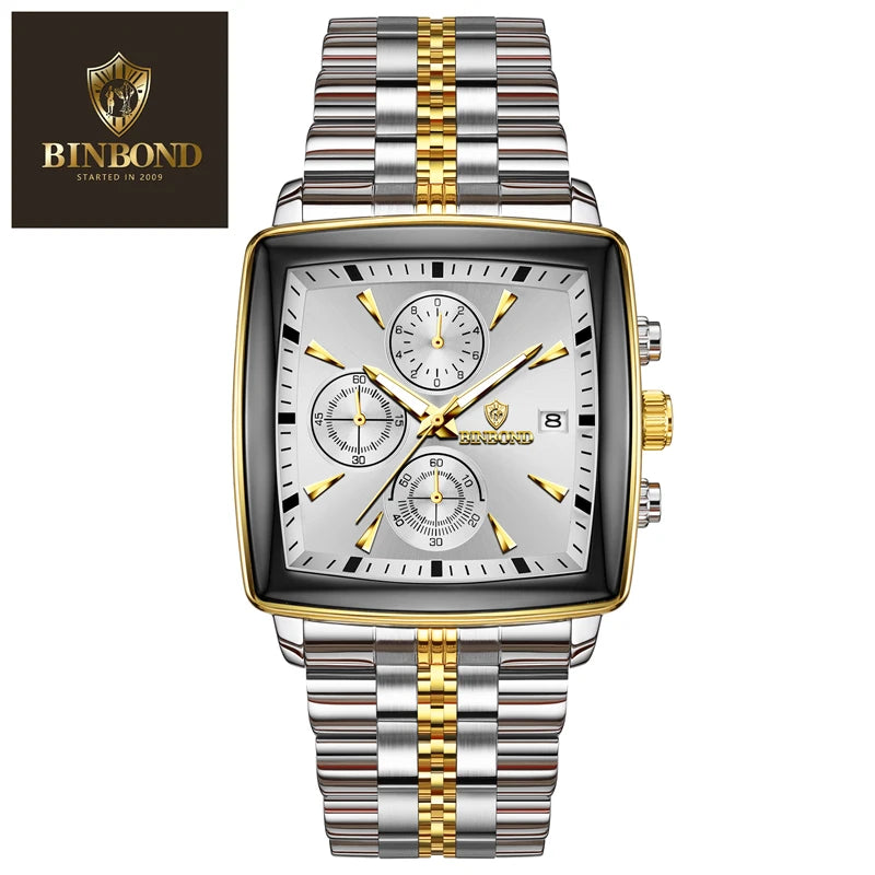 BINBOND Luxury Square Sport Man Wristwatch Waterproof Luminous Chronograph Quartz Men's Watches Stainless Steel Men Watch Reloj