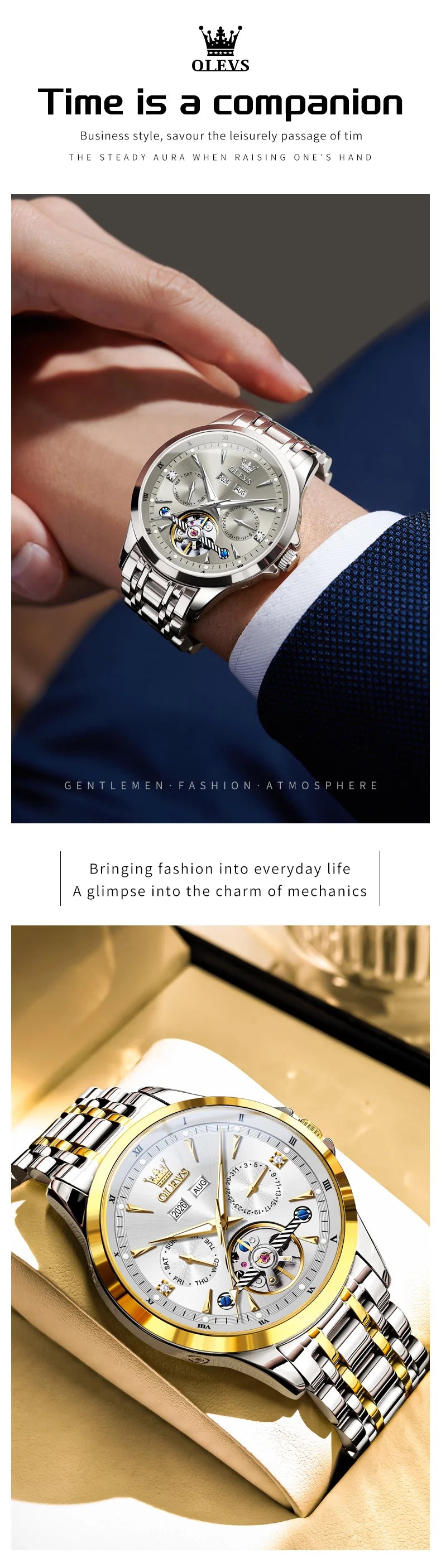 OLEVS 7091 Mens Watch Original Flywheel Automatic Mechanical Watch For Man Perpetual Calendar Waterproof Luminous Luxury Reloj