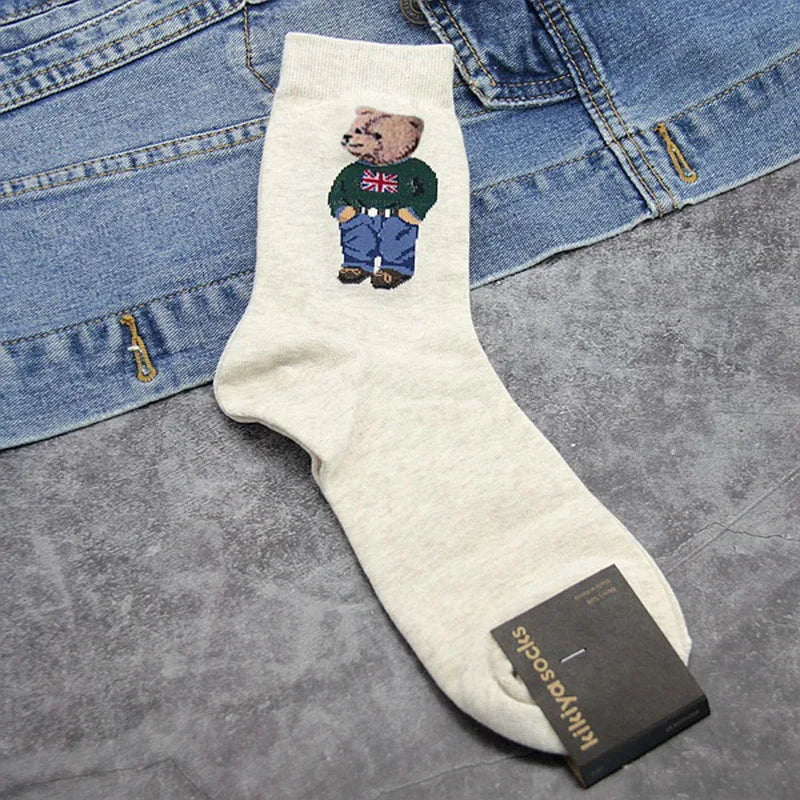 Cartoon Gentleman Bear Socks Red Socks for Men Cotton Harajuku Skateboard Socks Novelty Breathable Sox Christmas Gift