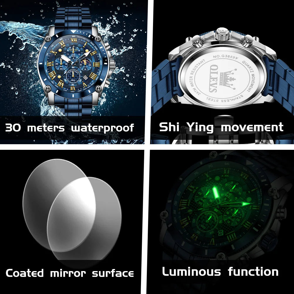 OLEVS New Man Watch Moon Phase Chronograph Waterproof Luminous Multi-functional Original Luxury Brand Quartz Men's Watches 3689