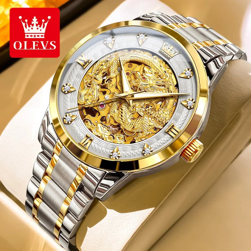 OLEVS Japan Automatic Mechanical Men's Watches High-end Luxury Brand Original Stainless Steel Hollowed Dragon Watch for Men 7027