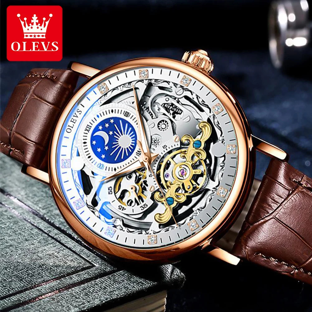 OLEVS Moon Phase Mechanical Watch Men with Waterproof Automatic Skeleton Mens Watches Top Brand Luxury Tourbillon Wristwatch Men