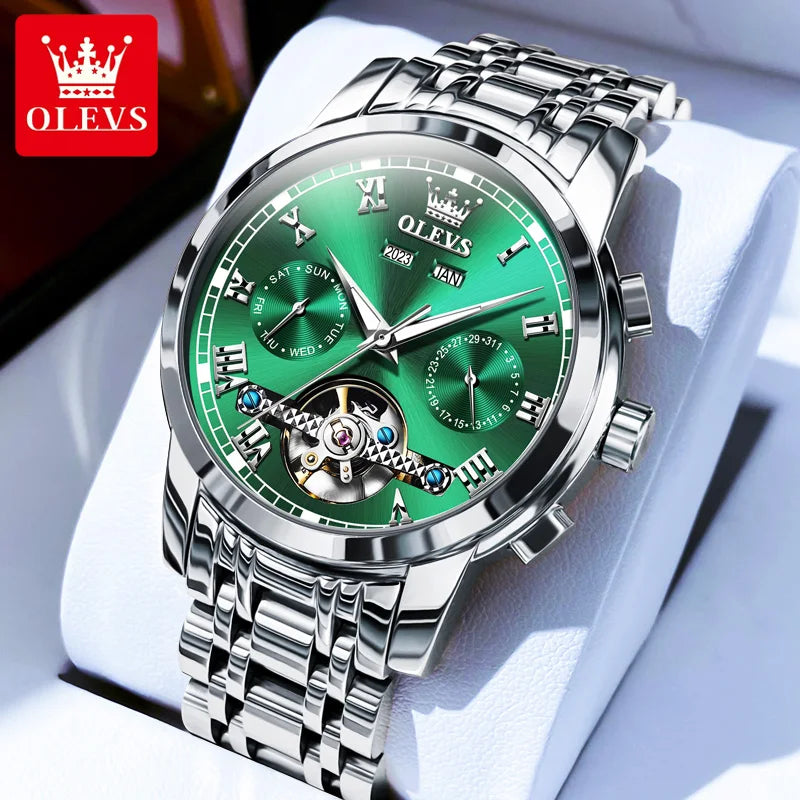 OLEVS 6607 Fully Automaitc Watches Stainless Steel Skeleton Flywheel Dual Calendar Top Luxury Brand Men's Mechanical Wristwatch