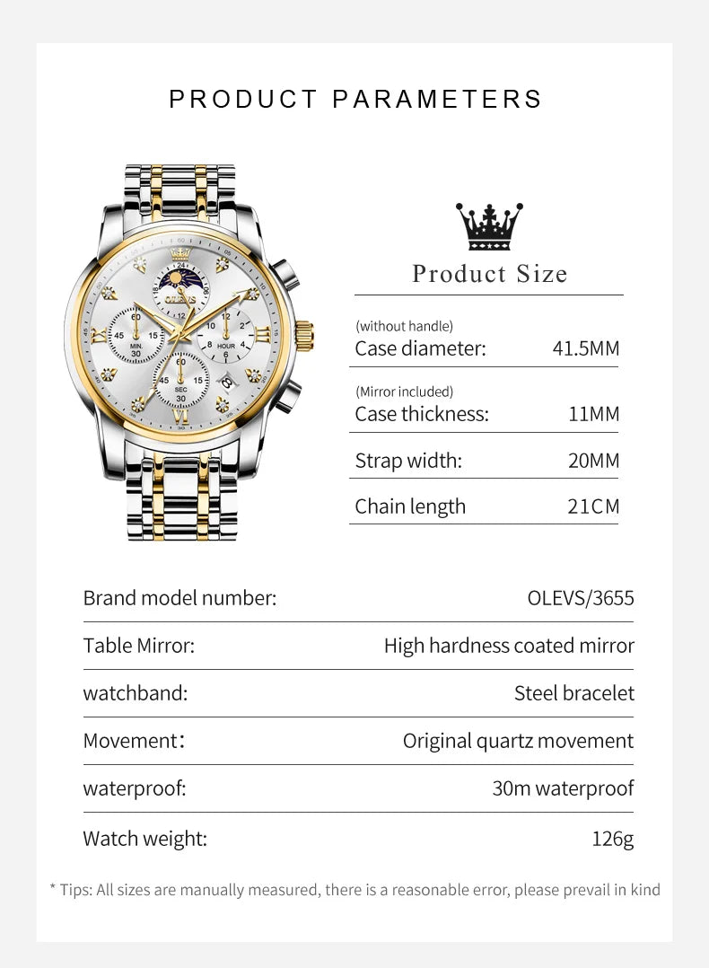 OLEVS 3655 Moon Phase Classic Three Eye Dial Men's Watch Stainless Steel Watch for Male Butterfly Buckle Waterproof Quartz watch