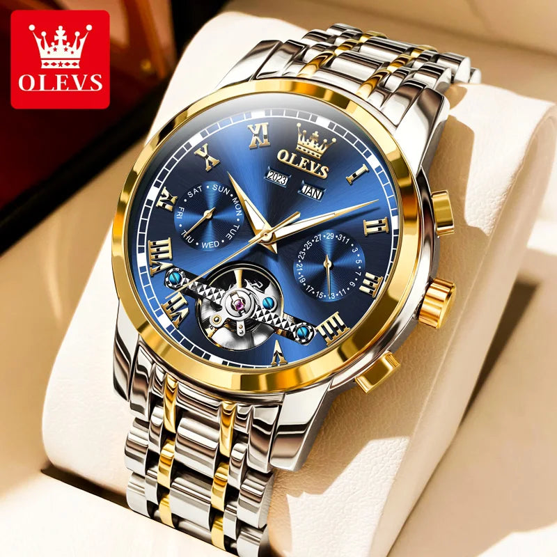 OLEVS 6607 Fully Automaitc Watches Stainless Steel Skeleton Flywheel Dual Calendar Top Luxury Brand Men's Mechanical Wristwatch