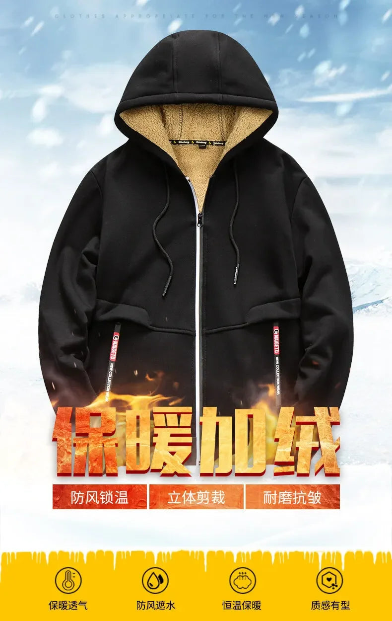 Men's Winter Warm Hoodies Sweatshirts Thickened Lamb Fleece Lining Hooded Jackets Windproof Zip Casual Hooded Sportwear for Men