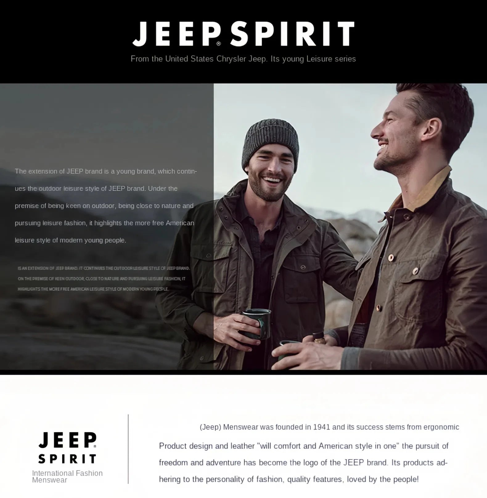 Jeep Spirit Men's Jacket for Spring and Autumn Leisure Stand Collar Fashion Warm Windproof Solid Color Coat