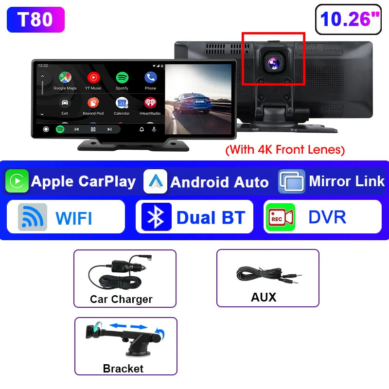 Srnubi 10.26" Dash Cam Rearview Wireless Carplay & Android Aut 4K DVR Navigation Player Dual Len Recorder Dashboard  WIFI 5.0BT