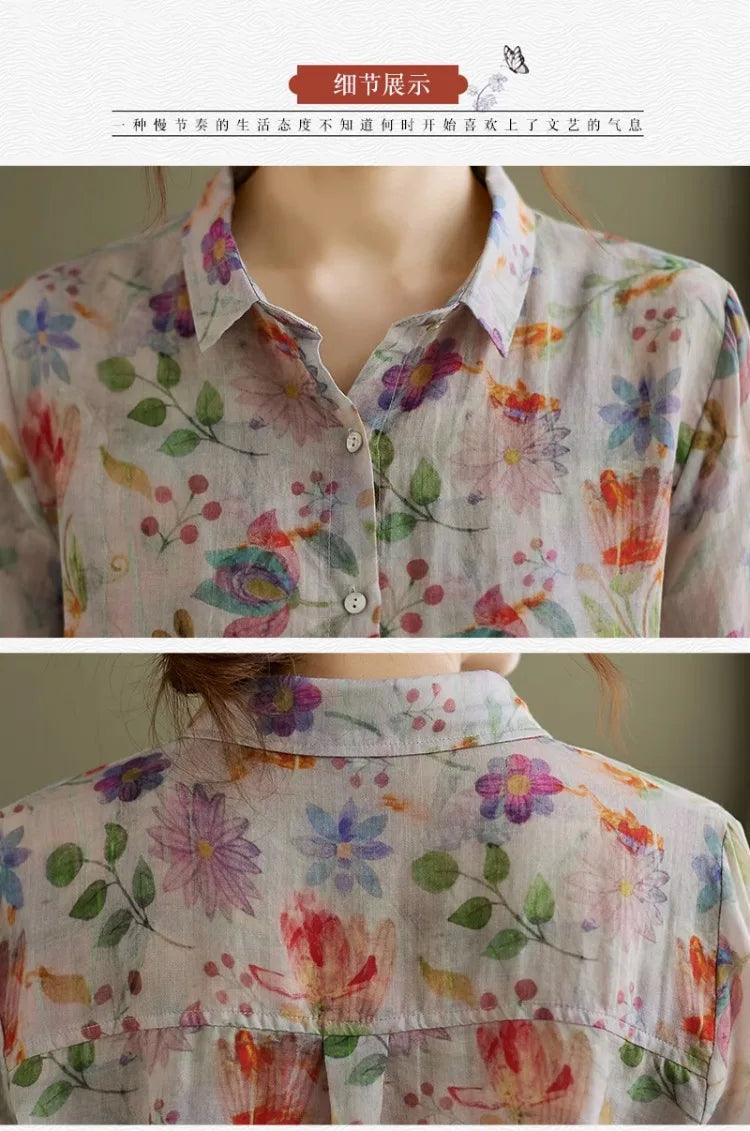 Women's Clothing Shirts Blouse Camisas Women Shirts Vintage Blusa Mujer Cotton Linen Casual Print Long Sleeve Flower Autumn