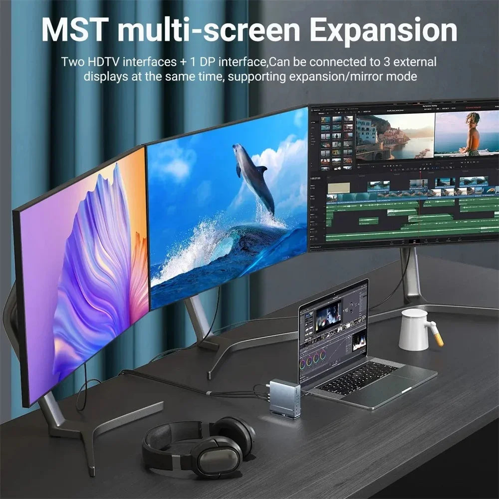 15 in 1 USB C Docking Station 4K HD Vertical Hub with Triple Monitor RJ45 1000M,USB 3.0/2.0,PD 3.0,SD/TF,Audio 3.5 for Laptop PC