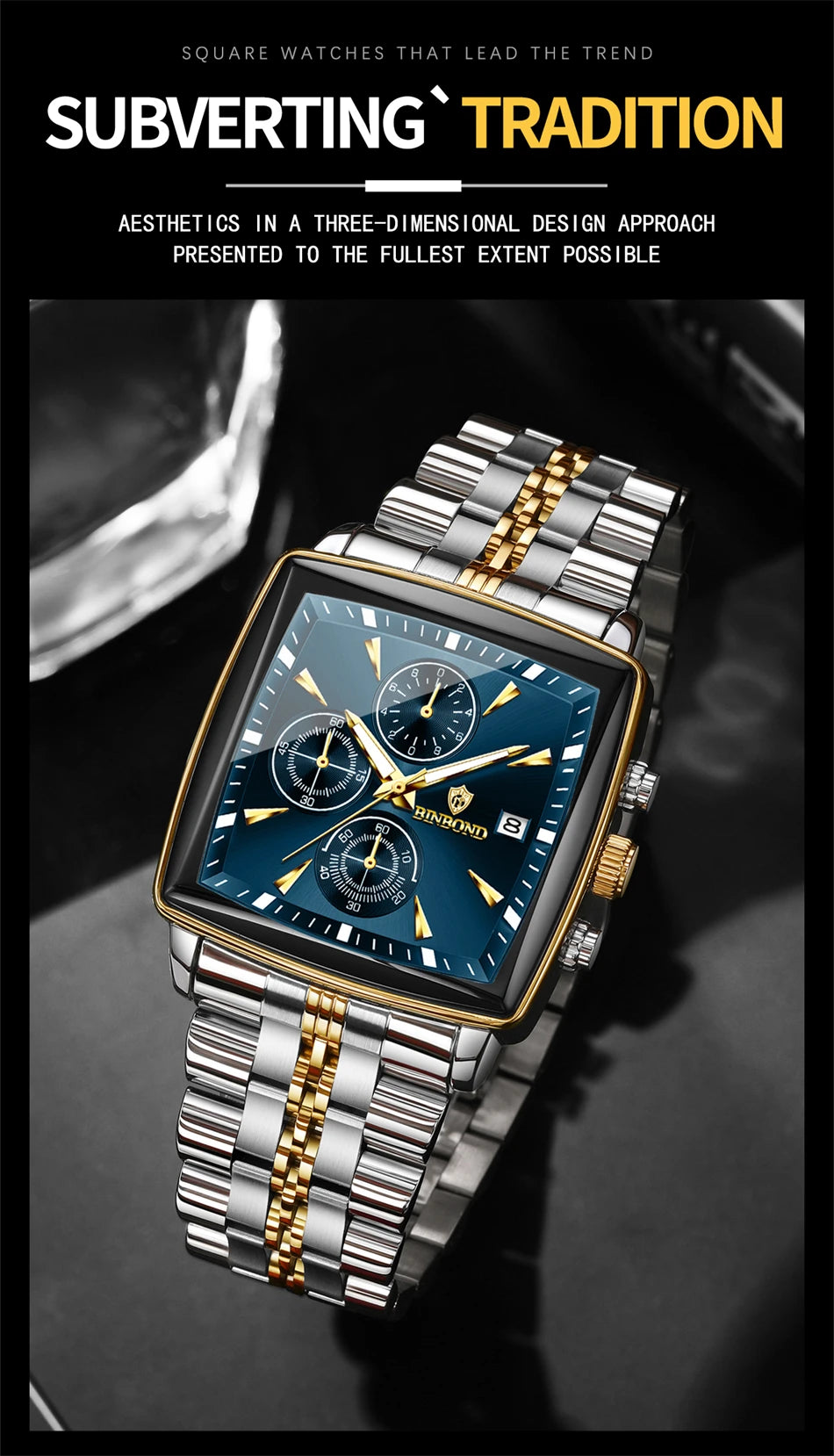 BINBOND Luxury Square Sport Man Wristwatch Waterproof Luminous Chronograph Quartz Men's Watches Stainless Steel Men Watch Reloj