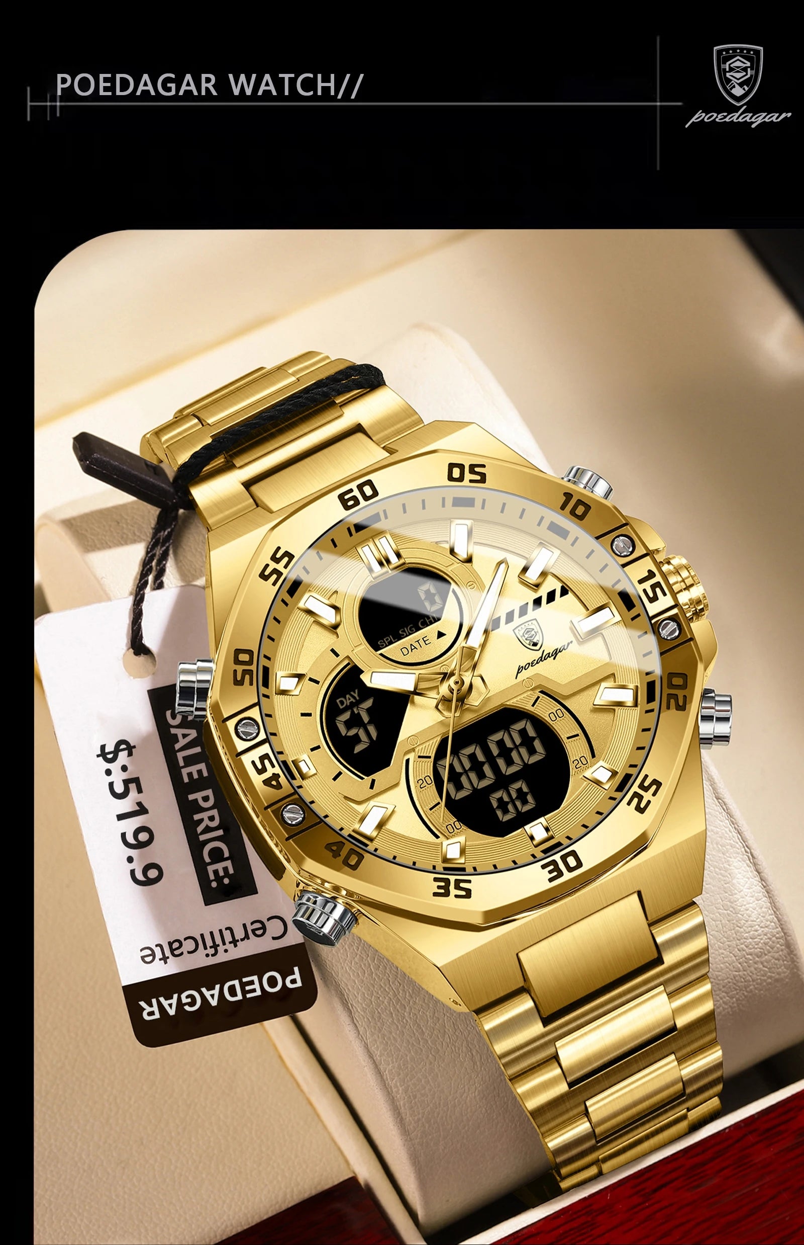 POEDAGAR New Men Clock LED Luminous Waterproof Week Date Military Man Wristwatch Electronic Stainless Steel Quartz Men's Watches