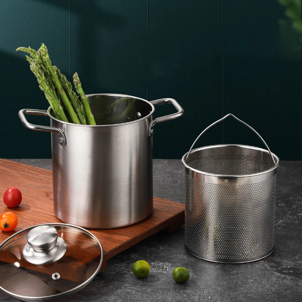 1Pc Silver Stainless Steel Frying Pot With Basket Multipurpose Deep Frying Pot Milk Pot Soup Pot Kitchen Supplies Cooker