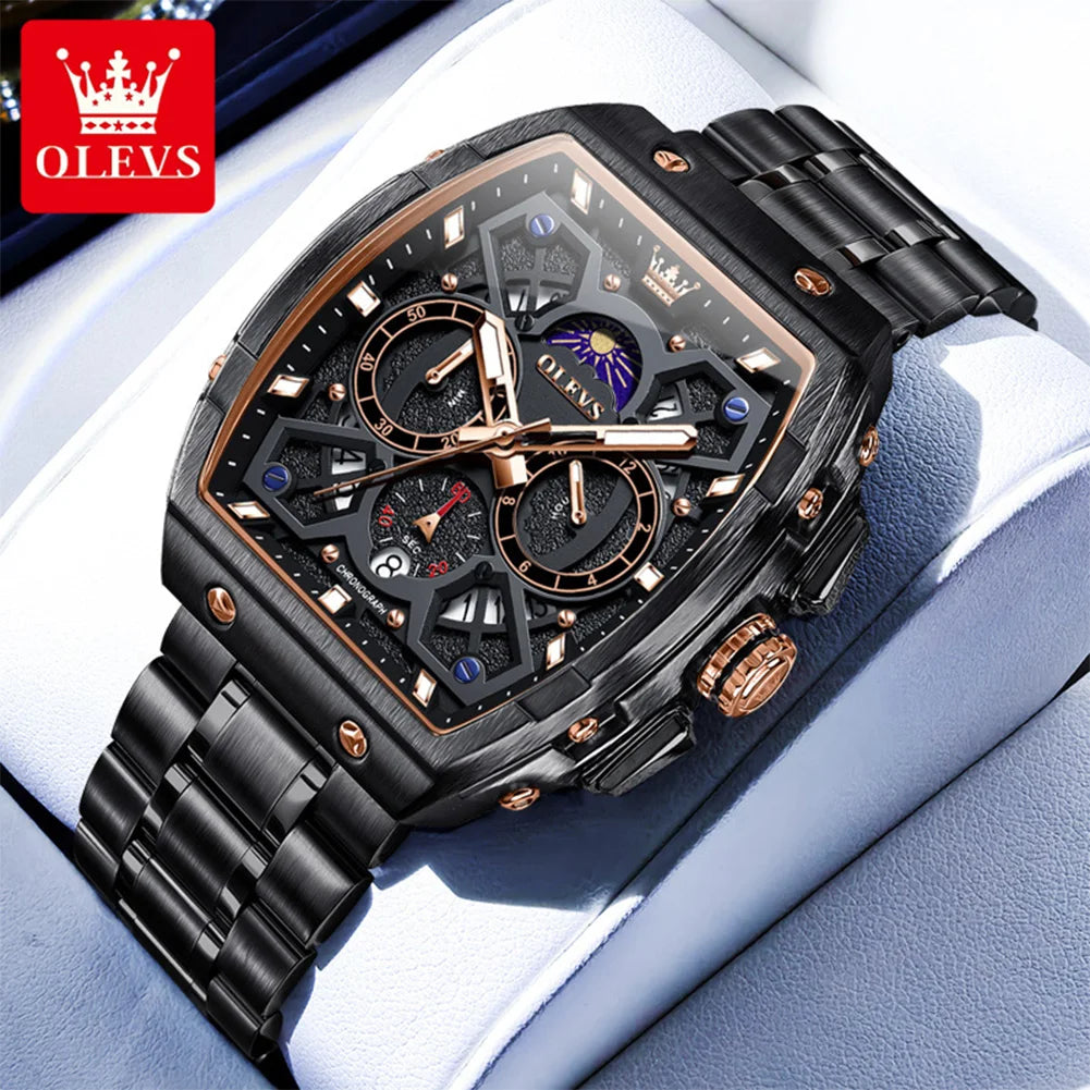 OLEVS 2942 New Mens Watch Original Tonneau Quartz Watch Waterproof Luminous Stainless Steel Watches For Men Gifts Box