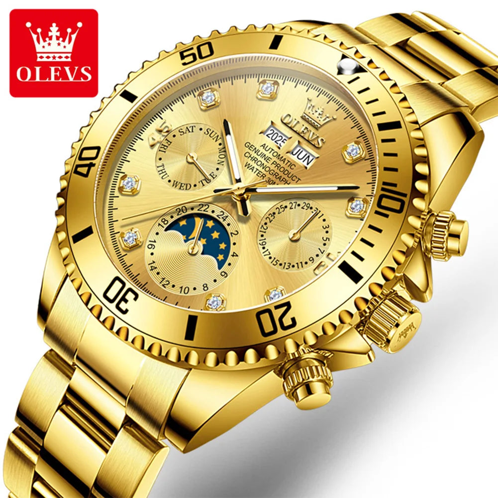 OLEVS 6729 Automatic Watch Man 24 Hour Moon Phase Mechanical Watch For Men Luxury 30M Waterproof Luminous Date Men's Wristwatch