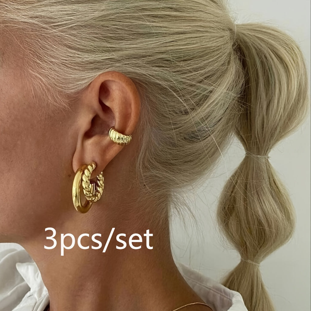 Punk Chunky Hoop Earrings 3pcs/set 14K Plated Alloy Round Circle Hoop Earrings For Women Jewelry