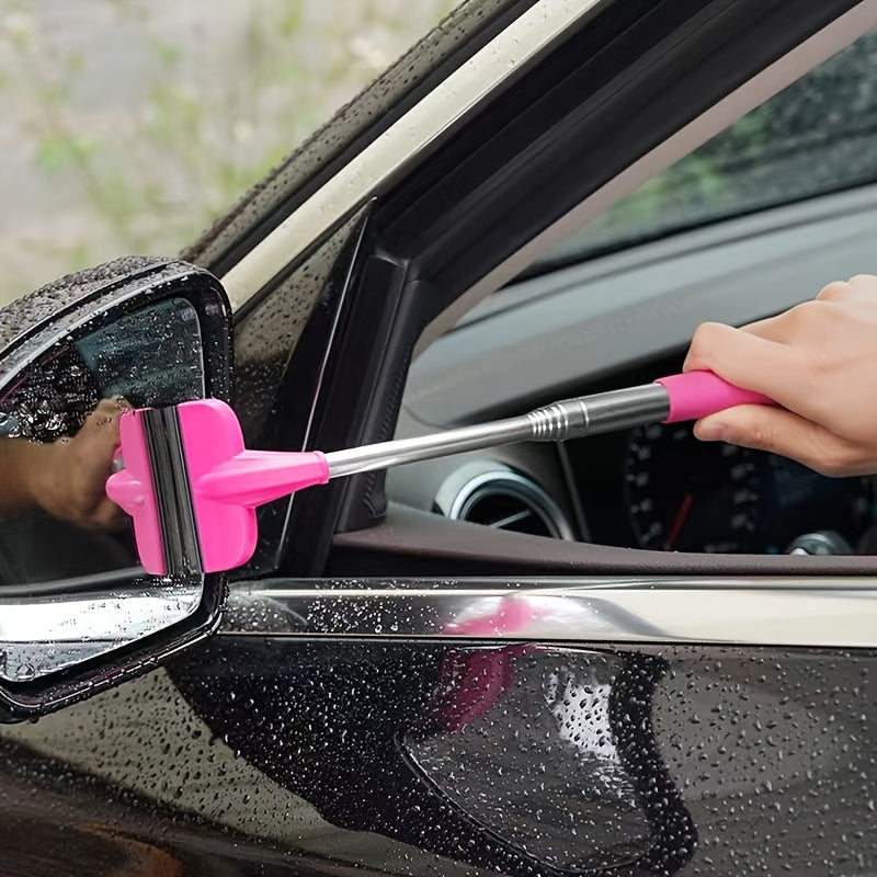 [2-in-1 Stainless Steel Wiper] 2-in-1 Stainless Steel Portable Retractable Wiper | Compact & Versatile for Car Rearview Mirrors, Windshields, Glass & Shower Cleaning, Pink Handle