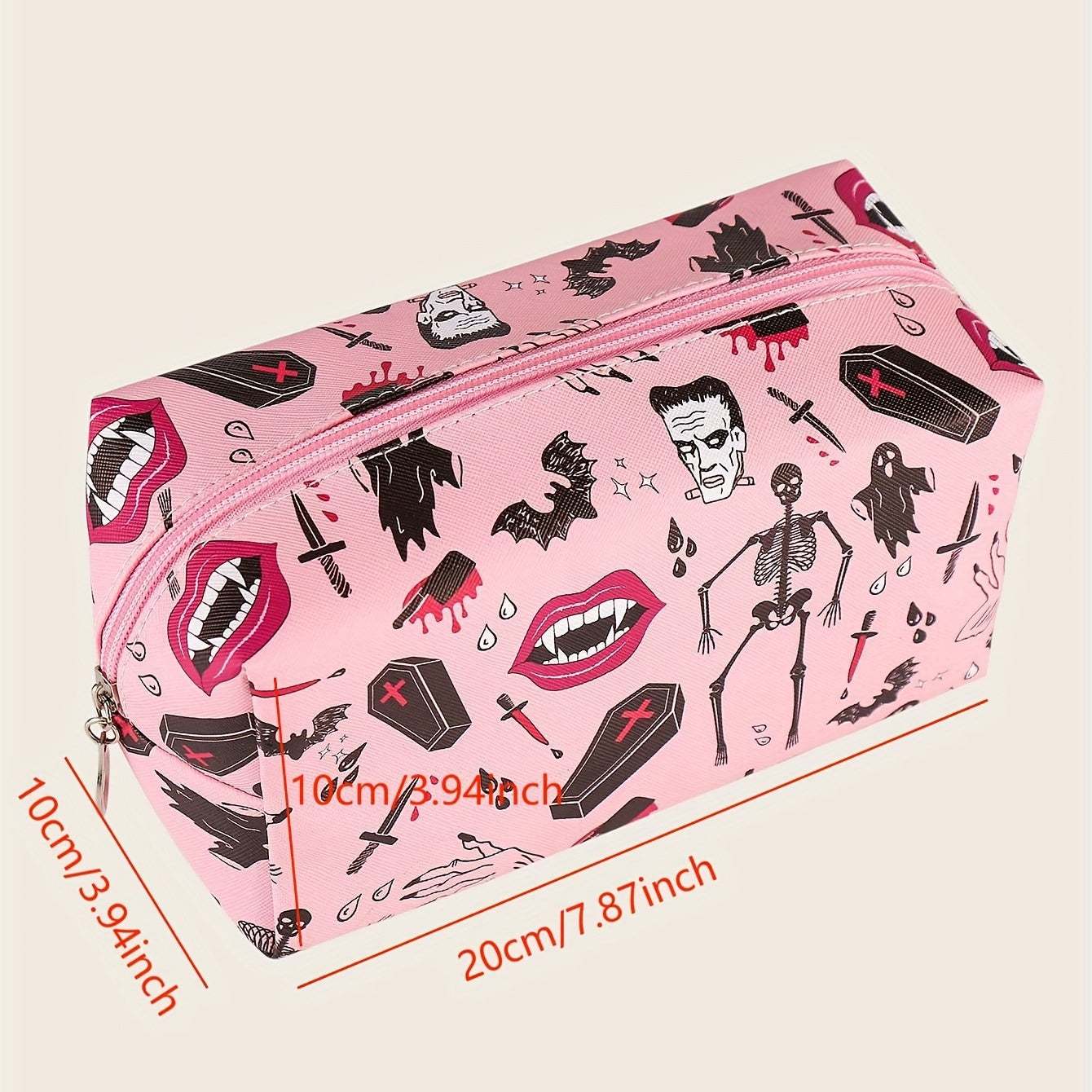 Halloween Skeleton Bat Pattern Makeup Bag Pink Roomy Square Zipper Pouch Travel Toiletries Organizer Gift For  ladies Women Men
