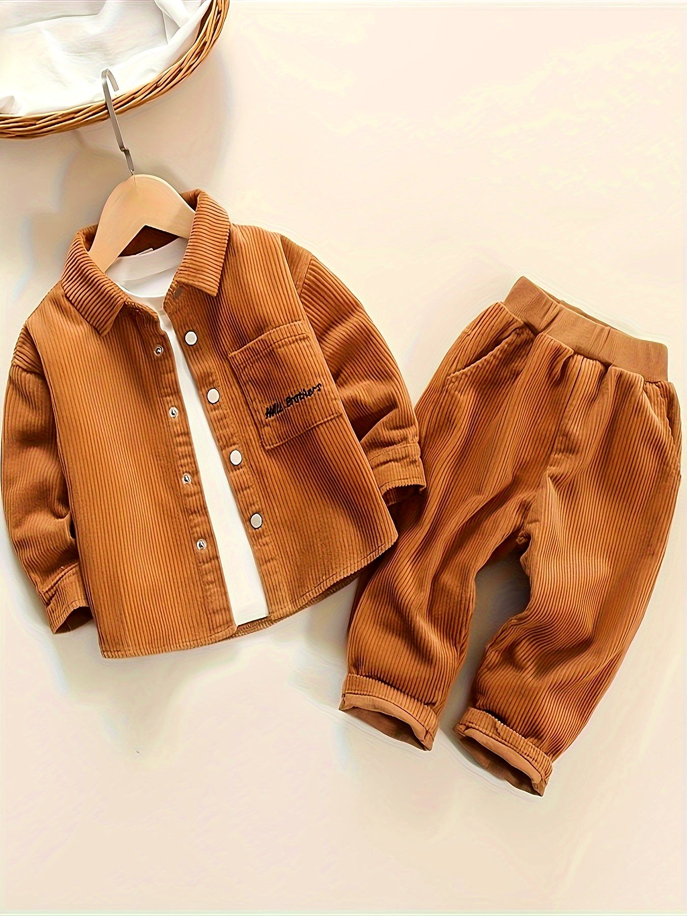 Spring And Autumn Boys Simple And Fashionable Solid Color Corduroy Two Piece Set, for Outdoor