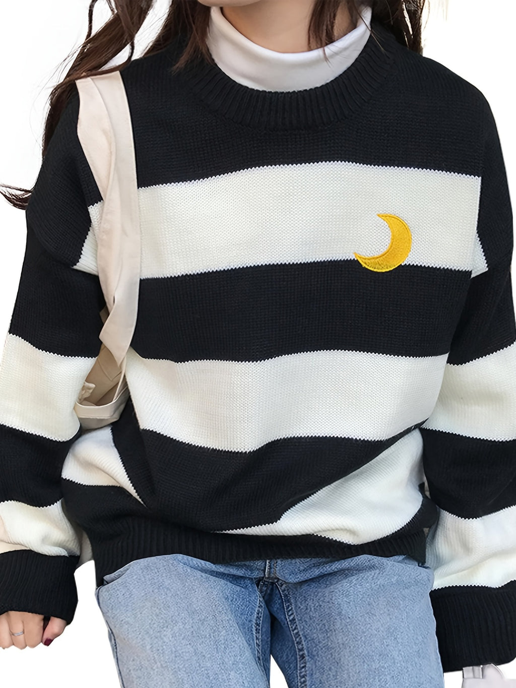 Kawaii Round Neck Striped Pullover Sweater, Casual Every Day Top For Winter & Fall, Women's Clothing