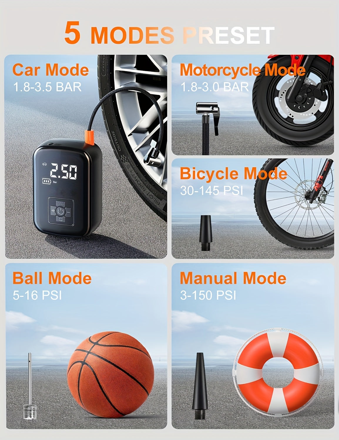 A Portable Car Air Compressor with a Wireless Handheld Pump And Light, Suitable for Inflating And Compressing Tires of And Motorcycles.